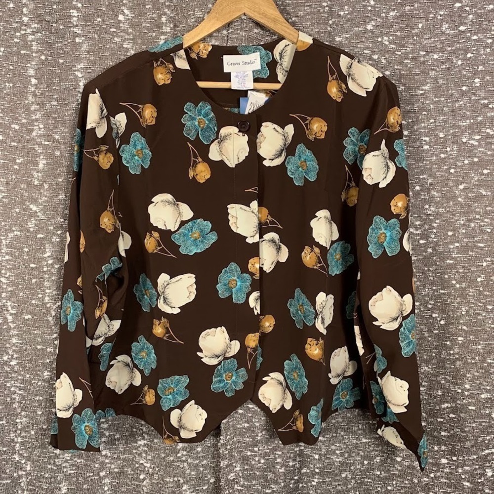 Graver Studio Brown Floral Button Up Shirt Long Sleeve Preppy NWT Women's 2X